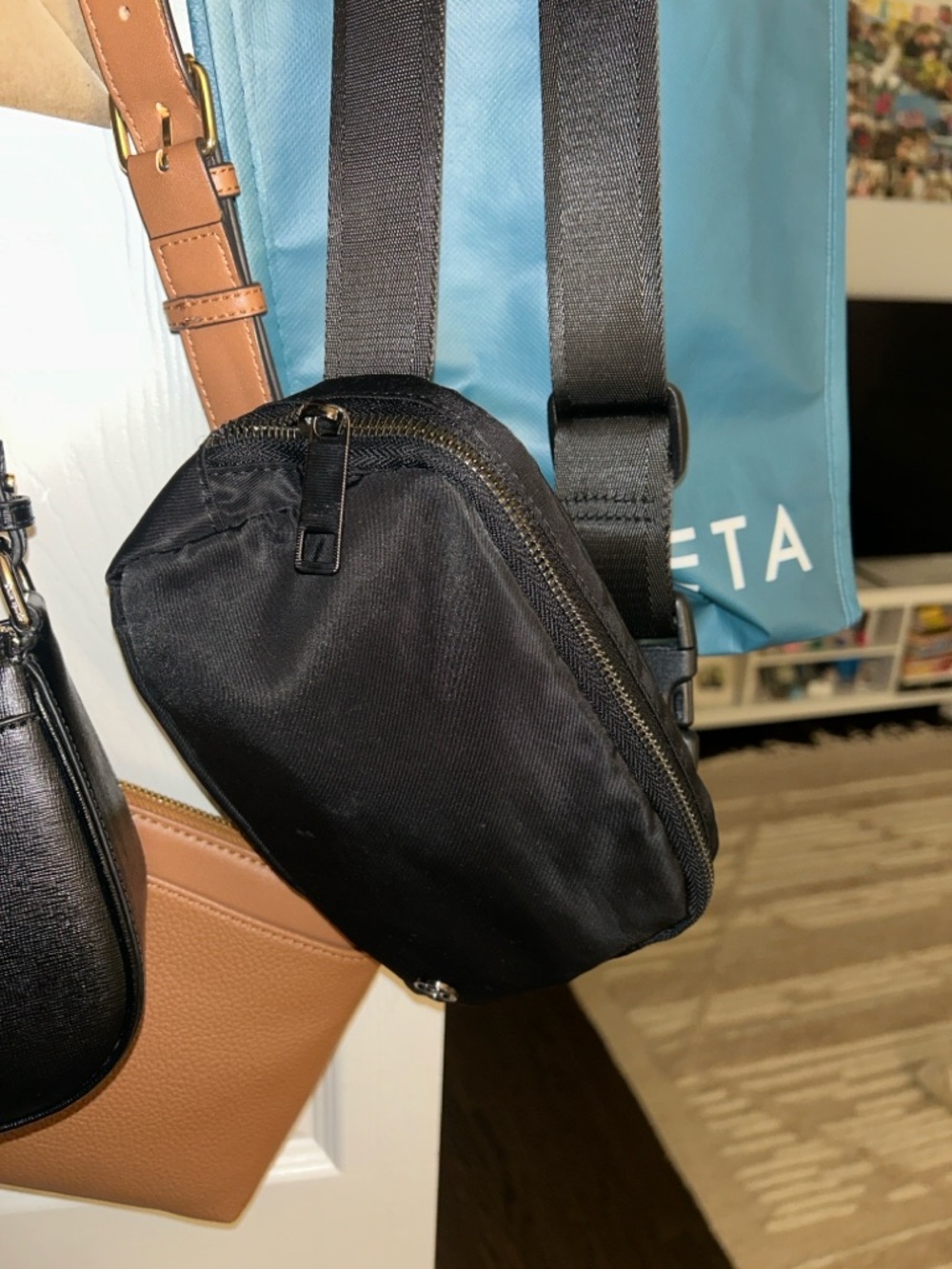 Black Womens Crossbody Sling Bag - Minimal Nylon Travel Pouch